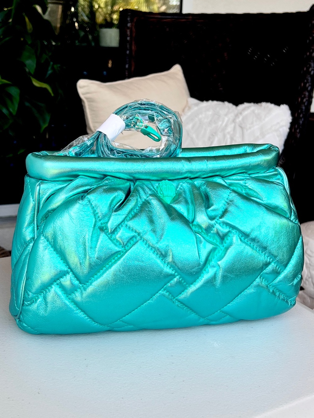 KURT GEIGER Kensington Soft quilted leather clutch crossbody Metallic Green